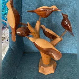 VINTAGE WOOD CARVED BIRDS IN TREE MCM